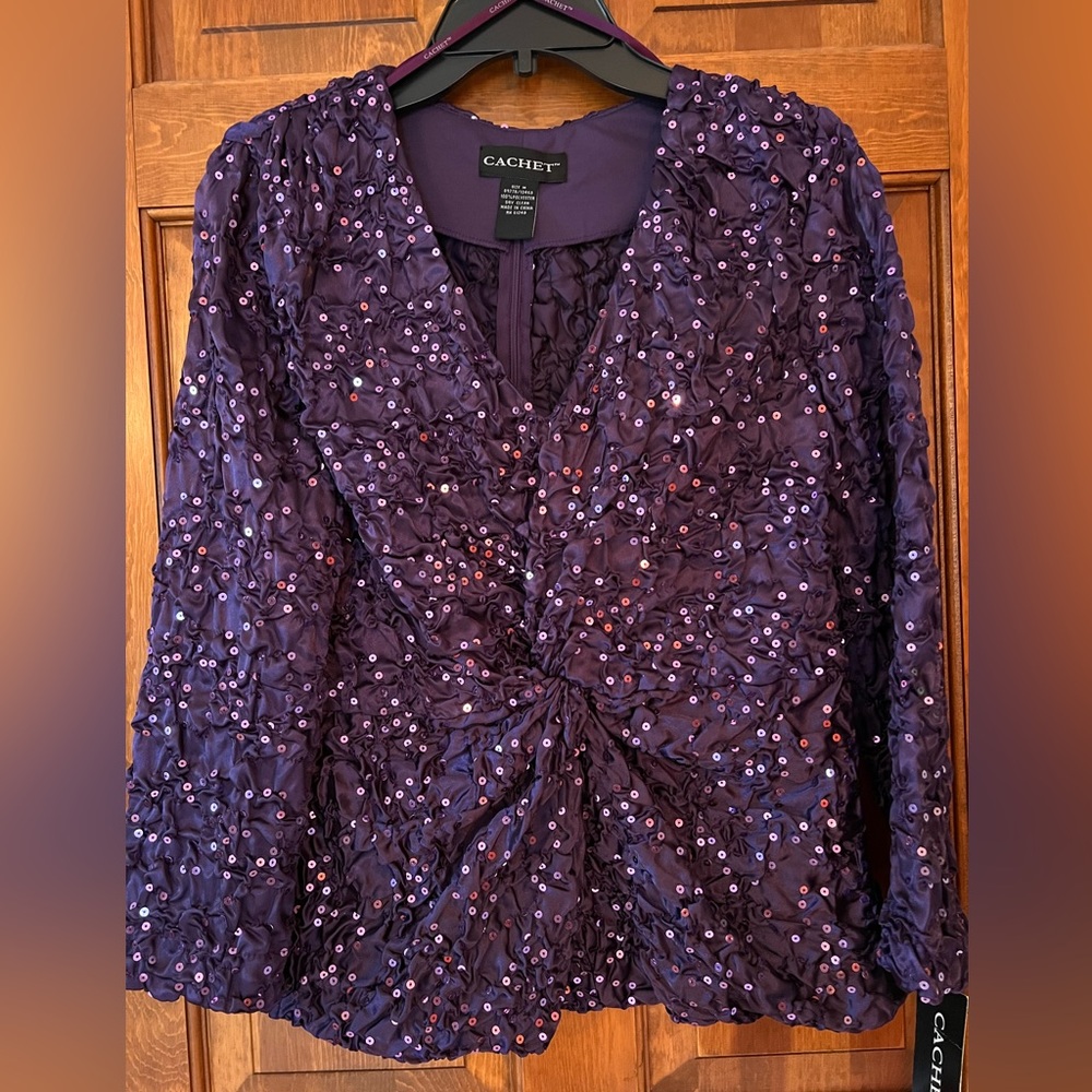 CACHET SEQUINED PURPLE DRESSY TOP. Ladies size M. New with tags.